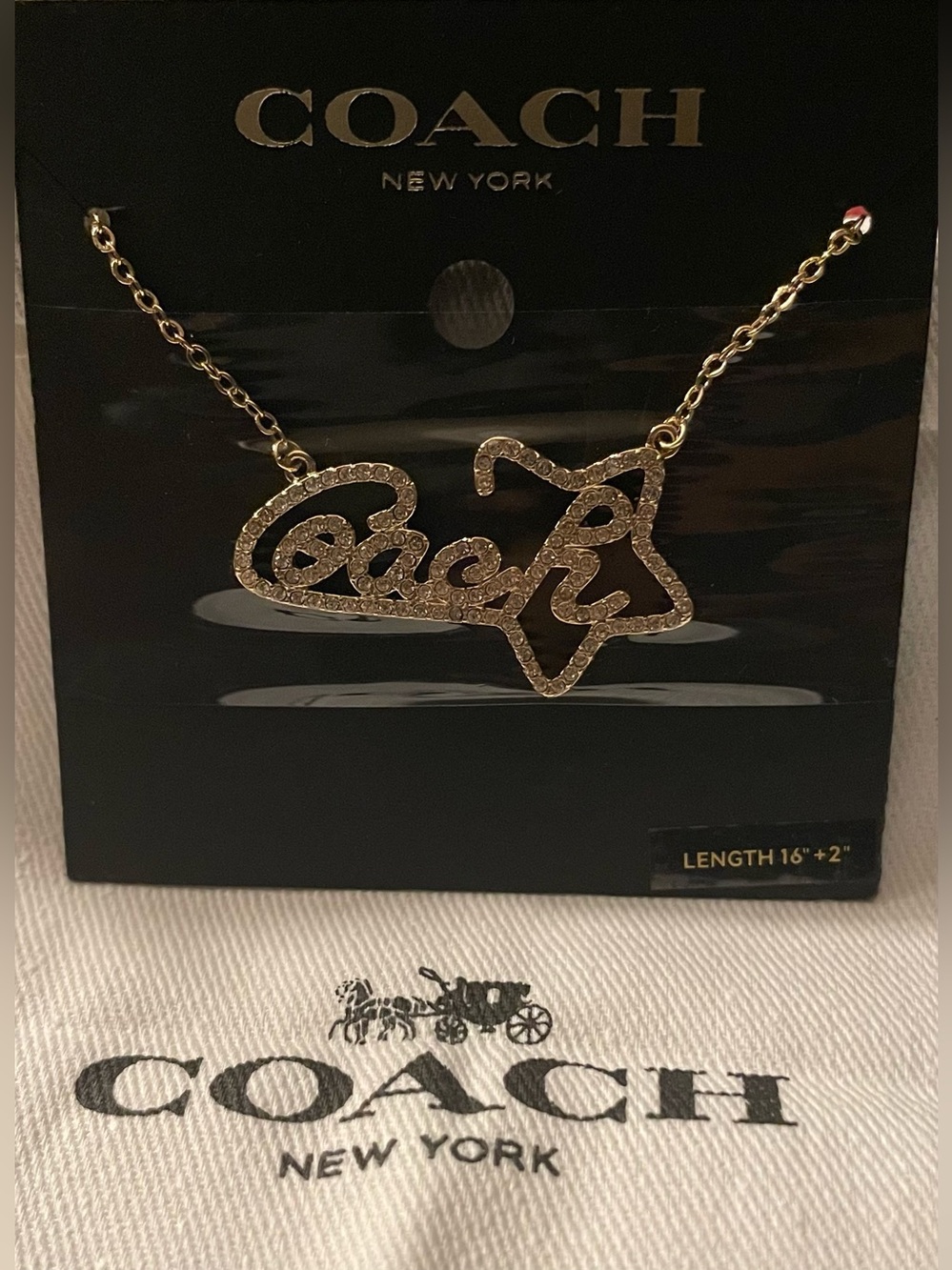 Coach Gold Crystal Logo Script Necklace - NWT